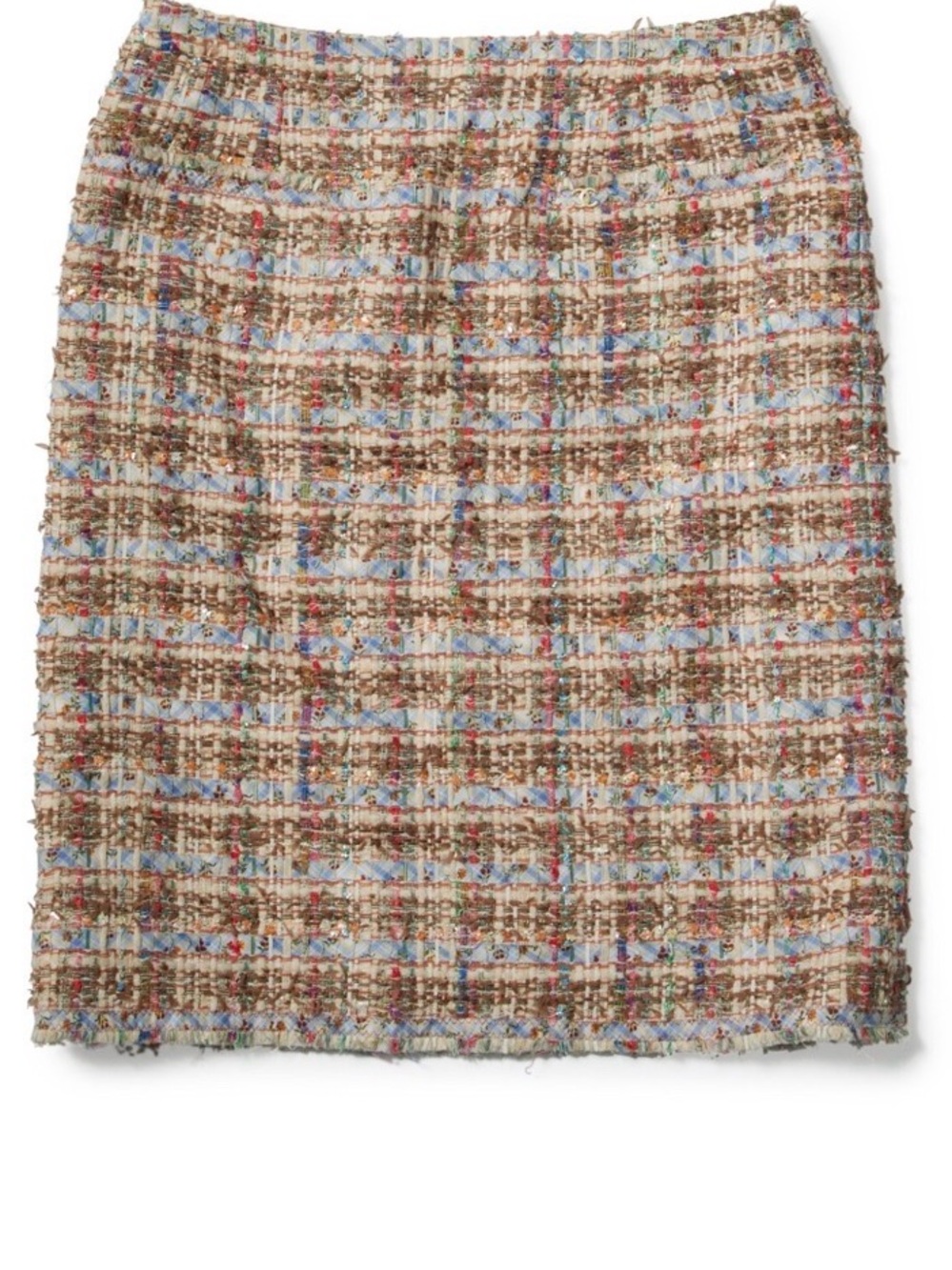 CHANEL Multicolor Tweed Pencil Skirt in Cream, Blue & Brown